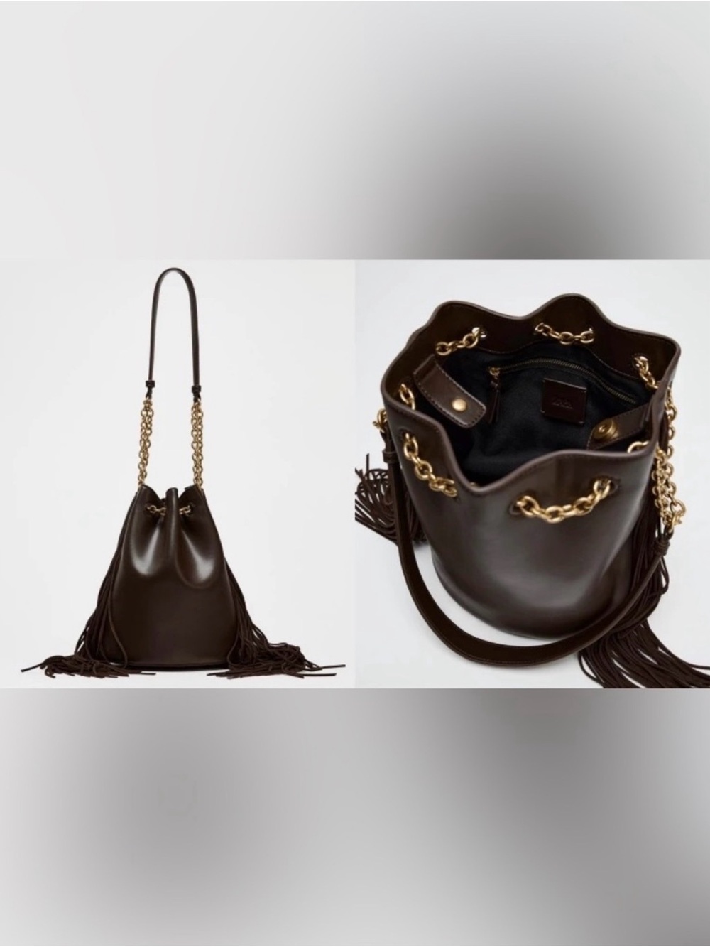 Zara Dark Brown Leather Fringe Bucket Bag with Gold Chain